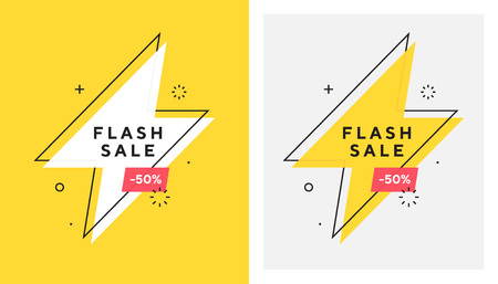 Trendy vector flash sale banne. Vivid lightning bolt in retro poster design style. Vintage colors and shapes. Red and yellow colors. 90s or 80s memphis style.