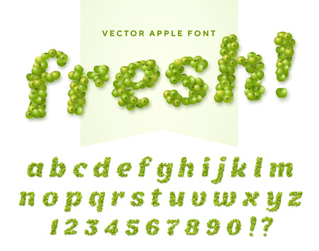 Fresh vector font made of green apples. Latin alphabet from A to Z and numbers from 0 to 9. English small lettersのイラスト素材