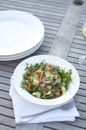 Couscous salad. Natural light, outdoor table setting.の写真素材