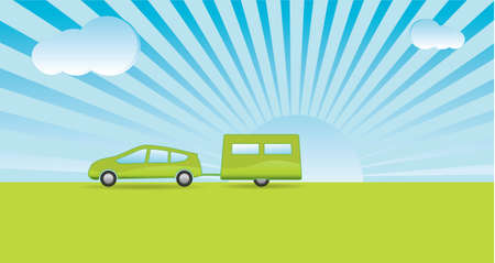 Simplistic style car and caravan with a green theme heading on vacationのイラスト素材