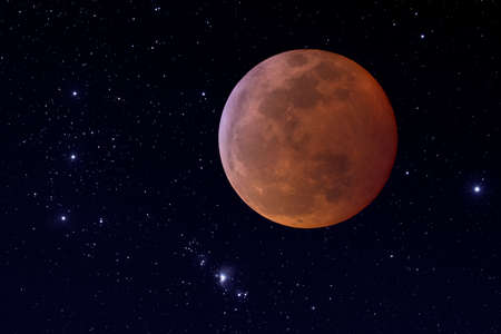 Photographic composite of total lunar eclipse. Super Blood Woof Moon.
