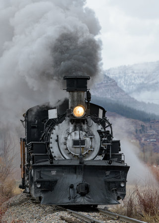 Vintage Railroad Steam Locomotive Billowing Steam and Smoke in the Mountains