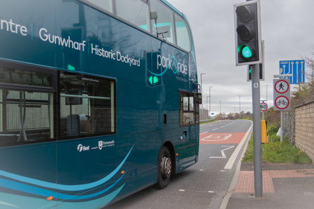 09/14/2019 Portsmouth, Hampshire, UK a double decker bus on a motorway slip laneのeditorial素材