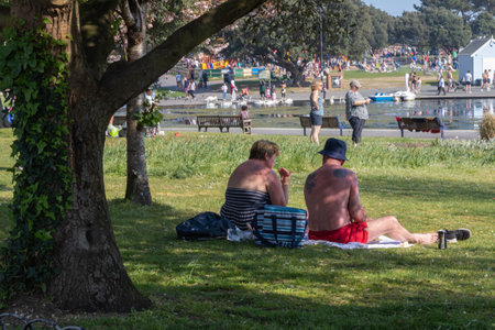 09/14/2019 Portsmouth, Hampshire, UK a middle aged couple sitting under a tree in a park during a warm summer dayのeditorial素材