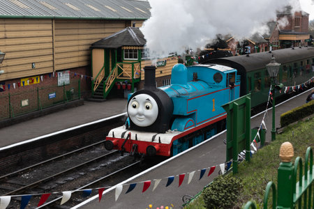 09/14/2019 Ropley, Hampshire, UK a thomas the tank engine steam train with steam coming out of the funnelのeditorial素材