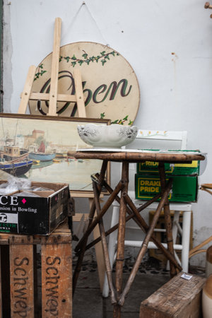 09/14/2019 Portsmouth, Hampshire, UK a stack of antiques on show outside an antiques storeのeditorial素材