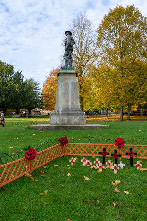 11/06/2019 Winchester, Hampshire, UK Red poppies on crosses for remembrance day with a statue of a soldier in the backgroundのeditorial素材