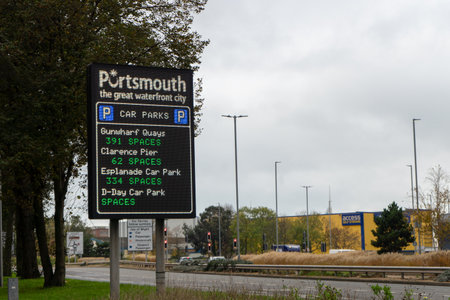 11/05/2019 Portsmouth, Hampshire, UK the sign showing available parking spaces in portsmouth when entering the cityのeditorial素材