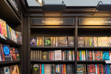 11/06/2019 Winchester, Hampshire, UK science fiction Books for sale on shelves in a book store or book shopのeditorial素材