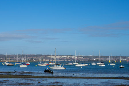 01/29/2020 Gosport, Hampshire, UK portsdown hill in Portsmouth with sailing boats in the foreground taken from Gosport, Hampshireのeditorial素材