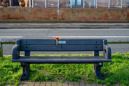 01/29/2020 Gosport, Hampshire, UK A memorial bench with a single flower attached to it