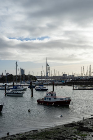 01/29/2020 Gosport, Hampshire, UK The spinnaker tower from Gosport Hampshire with sailing boats in the foregroundのeditorial素材