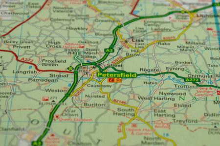 03/04/2020 Portsmouth, Hampshire, UK Petersfield in Hampshire Shown on a road map or Geography mapのeditorial素材