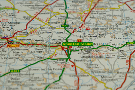 03/04/2020 Portsmouth, Hampshire, UK Shepton Mallet in Somerset Shown on a road map or Geography mapのeditorial素材