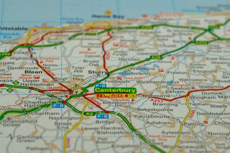 03/04/2020 Portsmouth, Hampshire, UK Shown Canterbury in Kent on a road map or Geography mapのeditorial素材