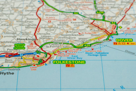 03/04/2020 Portsmouth, Hampshire, UK Folkestone in Kent Shown on a road map or Geography mapのeditorial素材