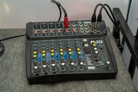 02/21/2020 Portsmouth, Hampshire, UK a DJ's mixing board or mixing deck with cables