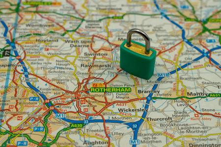 03/18/2020 Portsmouth, Hampshire, UK Rotherham UK Shown on a road map or geography map with a padlock on top to represent a city in lock downのeditorial素材