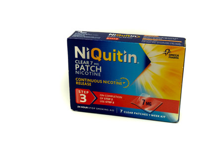 04/23/2020 Portsmouth, Hampshire, UK A box of Niquitin Nicotine patches isolated on a white background, Used as an aid to stopping smokingのeditorial素材