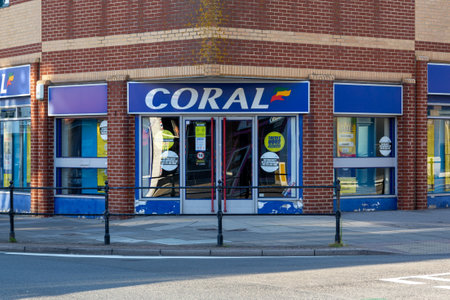 08/02/2020 Portsmouth, Hampshire, UK the exterior or facade of a Coral bookmakers shop or bookies on an English high streetのeditorial素材