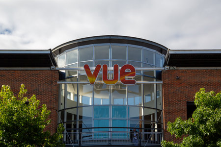 09/08/2020 Portsmouth, Hampshire, UK The exterior of a Vue cinema or movie theatre showing the logoのeditorial素材
