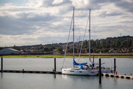 08/30/2020 Port solent, portsmouth, Hampshire, UK Two sailing yachts being loaded before sailing from a jettyのeditorial素材