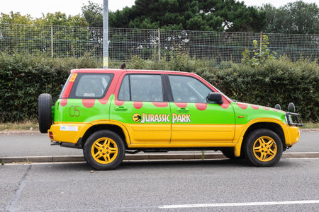 08/03/2019 Portsmouth, Hampshire, UK a truck painted like the trucks used in the movie or film jurassic parkのeditorial素材