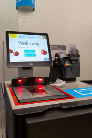 12-27-2020 Portsmouth, Hampshire, UK A close up of a self service checkout inside a Lidl supermarketのeditorial素材