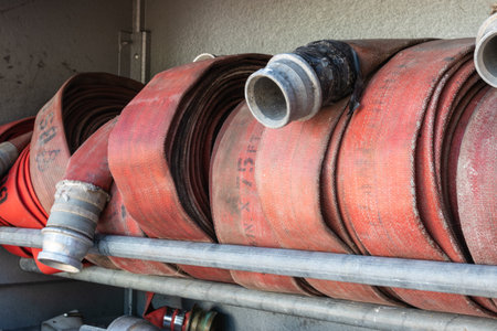fire hoses coiled in a fire engineの写真素材