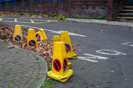 old police cones discarded in the streeの写真素材