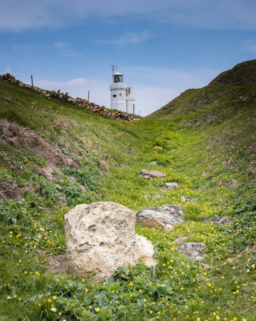 a valley filled with spring flowers and rocks leading to a white lighthouseの写真素材