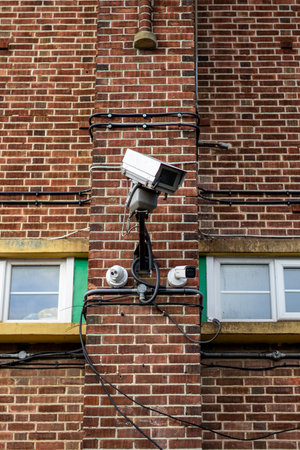 a CCTV camera on the side of a brick buildingの写真素材
