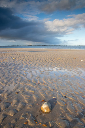 an empty sandy beach with a water pool, the texture of the sand is shown in the foregroundの写真素材