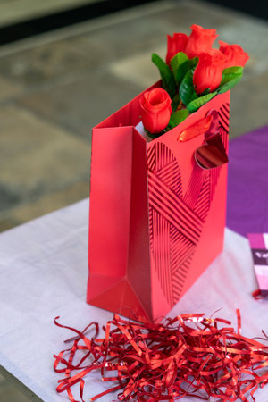 Red Roses in a red bag ready for valentines daysの写真素材