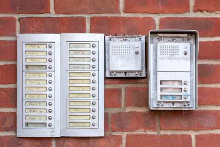 Doorbells or intercoms outside a block of flats or apartments with the flat numbers written next to the buttonsの写真素材