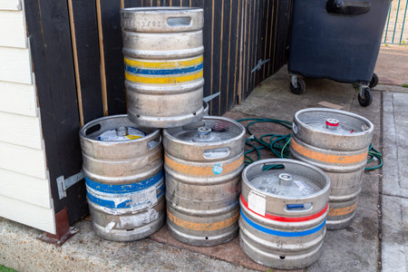 empty beer barrels or beer kegs outside a pubの写真素材