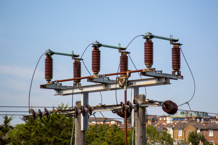 the electricity pylons of an electricity substationの写真素材
