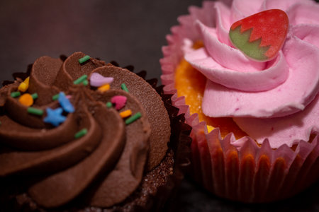 a close up of a chocolate and strawberry cupcake side by side shot using selective focus