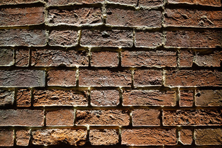 close up of a brick wall lit up at night by floodlightsの写真素材