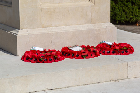 09/15/2020 Ryde, Isle of Wight, UK Red poppy wreaths laid at the bottom of a war memorial for Remembrance dayのeditorial素材