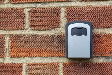 A door key safe on the side of a brick house, used for storing a spare set of keys safelyの写真素材
