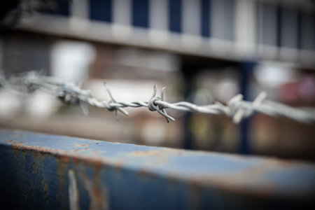 a close up of barbed wire with a shallow depth of fieldの写真素材