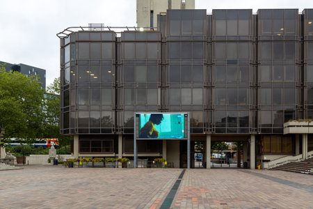 A big screen showing public information in a city centre, Portsmouth Guildhallのeditorial素材