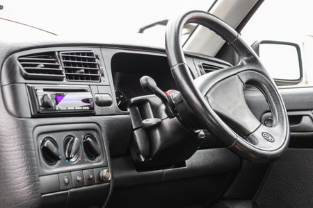 08/04/2019 Portsmouth, Hampshire, UK the inside of a Mark 1 Volkswagen golf car showing the dashboard and steering wheelのeditorial素材