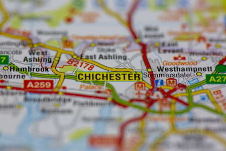 02-17-2021 Portsmouth, hampshire, UK Chichester shown on a map using selective focusのeditorial素材