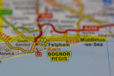 02-17-2021 Portsmouth, hampshire, UK Bognor regis shown on a map using selective focusのeditorial素材