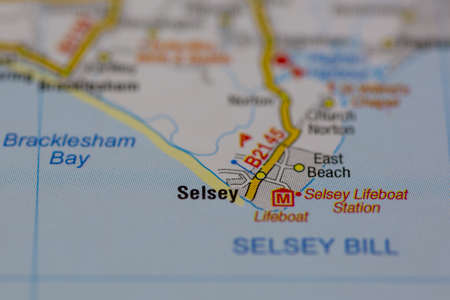02-17-2021 Portsmouth, hampshire, UK selsey shown on a map using selective focusのeditorial素材