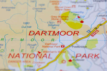 02-18-2021 Portsmouth, Hampshire, UK Dartmoor national park and surrounding areas shown on a road map or geography mapのeditorial素材