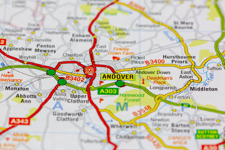 02-18-2021 Portsmouth, Hampshire, UK Andover and surrounding areas shown on a road map or geography mapのeditorial素材