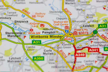 02-18-2021 Portsmouth, Hampshire, UK Wimborne Minster and surrounding areas shown on a road map or geography mapのeditorial素材
